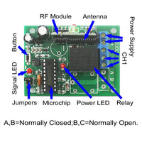 Four 1 Way 10A Relay Output DC Wireless Receivers and a RF Transmitter (Model: 0020354)